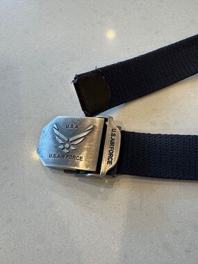 U.S. Air Force Black Web Belt with Metal Aircraft Emblem Buckle
